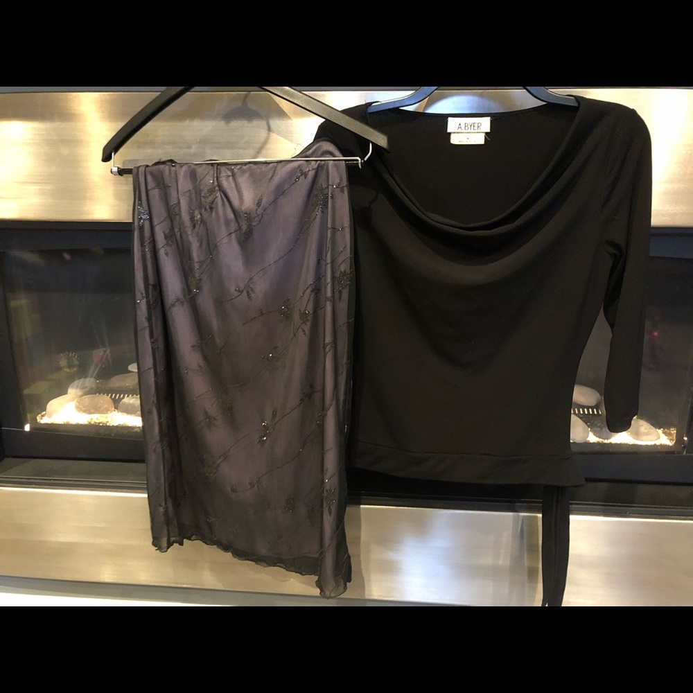2 piece outfit-black top purple skirt lace overlay